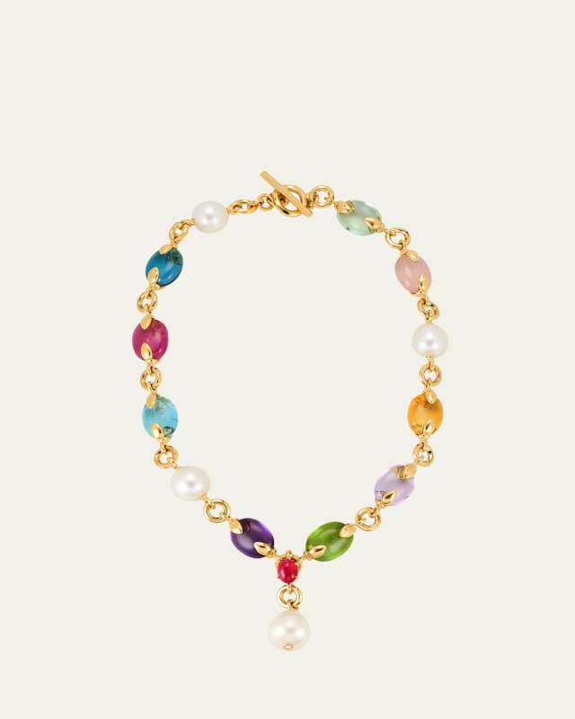 Fulco Y 18K Yellow Gold Necklace with South Sea Pearls, Diamonds, and Precious Gemstones
